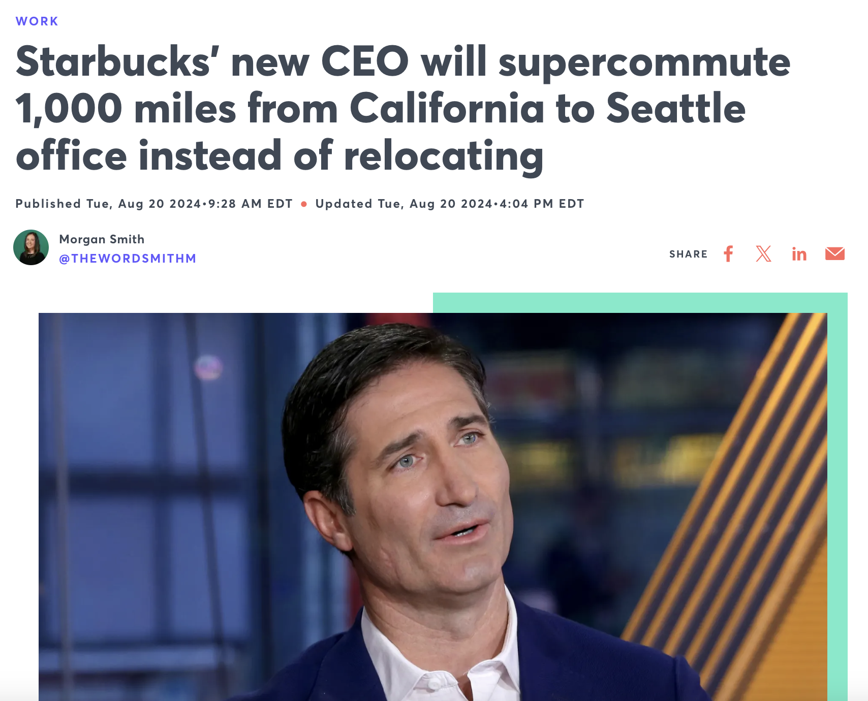 brian niccol - Work Starbucks' new Ceo will supercommute 1,000 miles from California to Seattle office instead of relocating Published Tue, Edt Updated Tue, Edt Morgan Smith fin